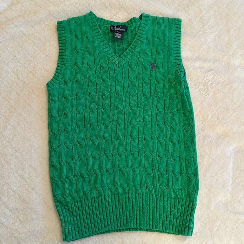 Boys Polo Kelly Green Cable Knit V Neck Sweater Vest